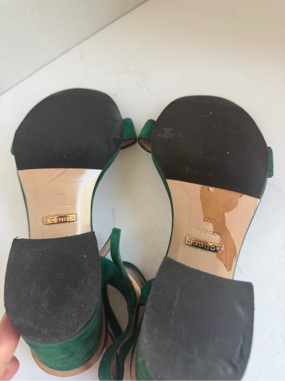 Green Suede Open-Toe Heeled Sandals with Gold Accent - Picture 8 of 8